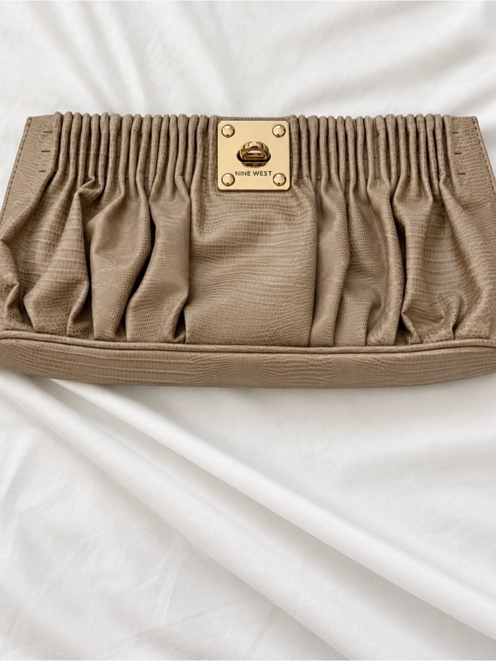 Nine West Taupe Ruched Clutch with Gold Hardware